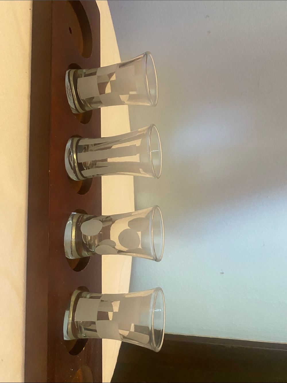 Wooden Shot Glass Rack with four Etched Glasses